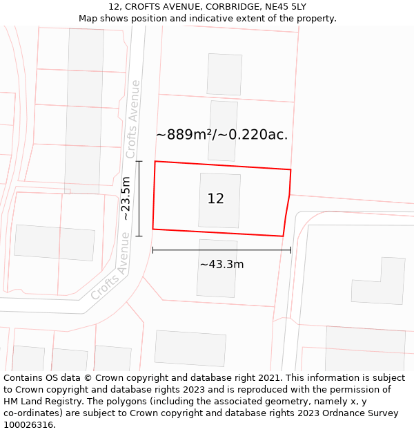 12, CROFTS AVENUE, CORBRIDGE, NE45 5LY: Plot and title map