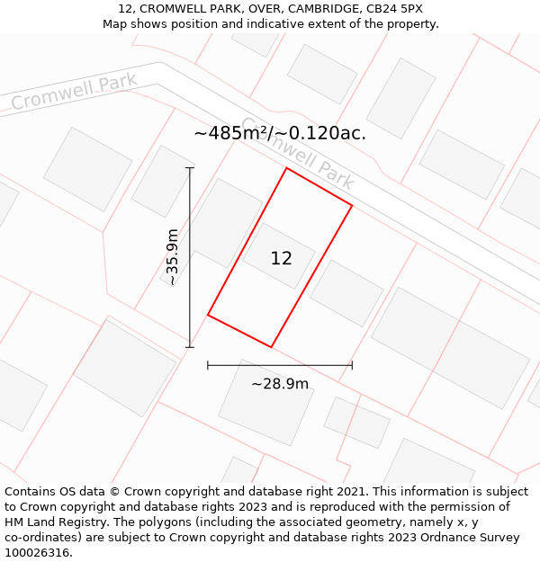 12, CROMWELL PARK, OVER, CAMBRIDGE, CB24 5PX: Plot and title map