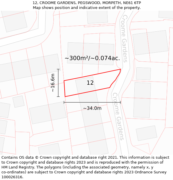 12, CROOME GARDENS, PEGSWOOD, MORPETH, NE61 6TP: Plot and title map