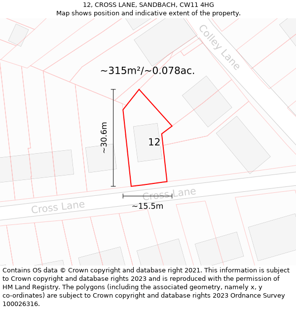 12, CROSS LANE, SANDBACH, CW11 4HG: Plot and title map