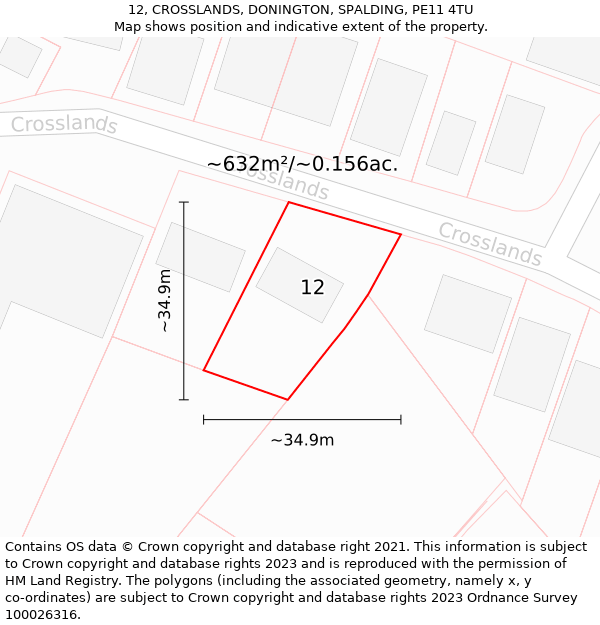 12, CROSSLANDS, DONINGTON, SPALDING, PE11 4TU: Plot and title map