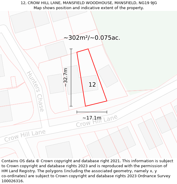 12, CROW HILL LANE, MANSFIELD WOODHOUSE, MANSFIELD, NG19 9JG: Plot and title map