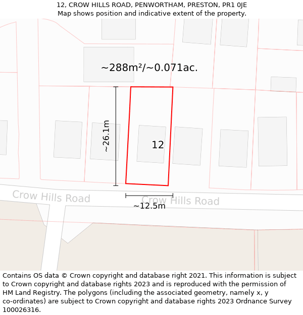 12, CROW HILLS ROAD, PENWORTHAM, PRESTON, PR1 0JE: Plot and title map