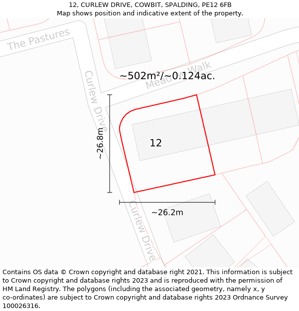 12, CURLEW DRIVE, COWBIT, SPALDING, PE12 6FB: Plot and title map