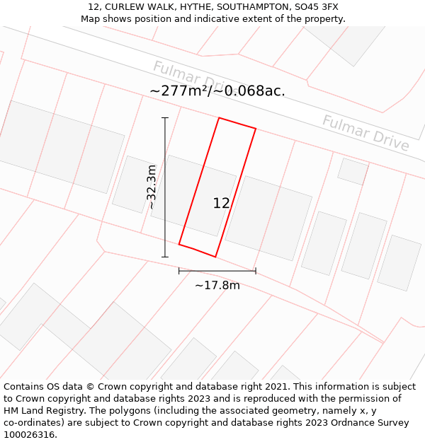 12, CURLEW WALK, HYTHE, SOUTHAMPTON, SO45 3FX: Plot and title map