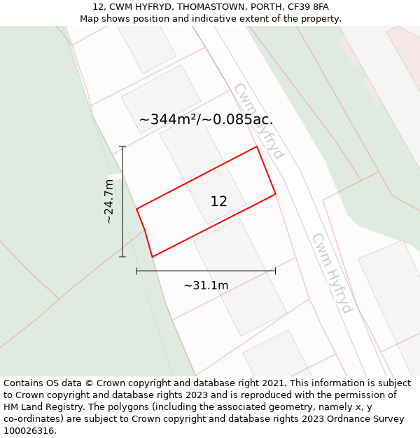 12, CWM HYFRYD, THOMASTOWN, PORTH, CF39 8FA: Plot and title map