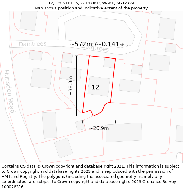 12, DAINTREES, WIDFORD, WARE, SG12 8SL: Plot and title map