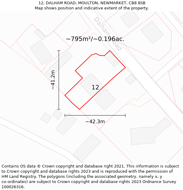 12, DALHAM ROAD, MOULTON, NEWMARKET, CB8 8SB: Plot and title map