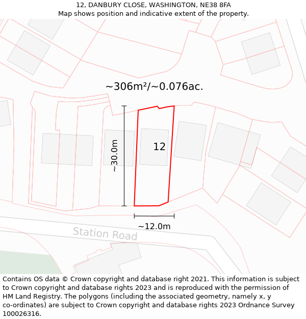 12, DANBURY CLOSE, WASHINGTON, NE38 8FA: Plot and title map