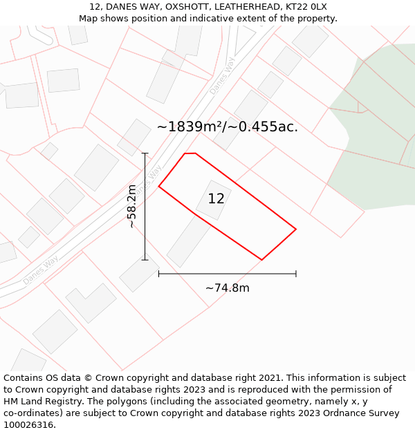 12, DANES WAY, OXSHOTT, LEATHERHEAD, KT22 0LX: Plot and title map
