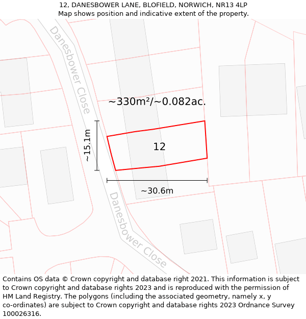 12, DANESBOWER LANE, BLOFIELD, NORWICH, NR13 4LP: Plot and title map