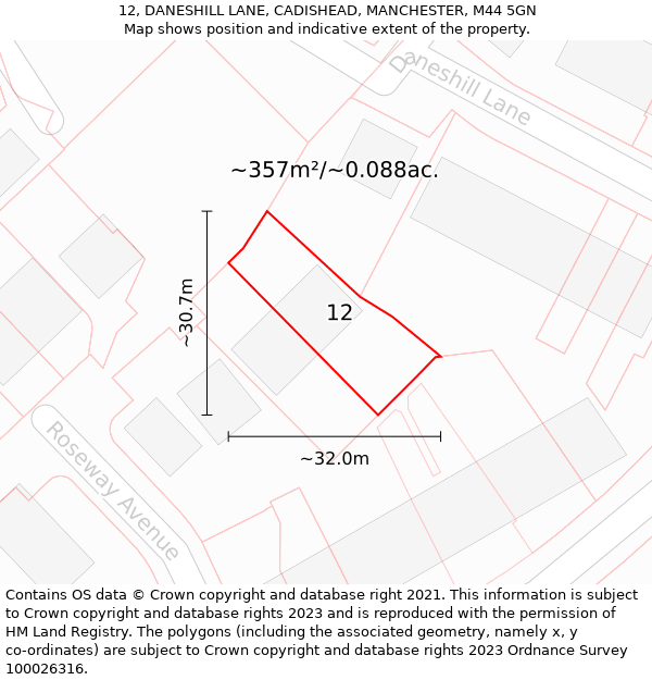 12, DANESHILL LANE, CADISHEAD, MANCHESTER, M44 5GN: Plot and title map