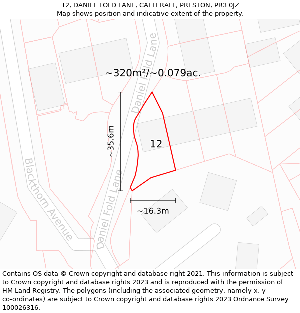 12, DANIEL FOLD LANE, CATTERALL, PRESTON, PR3 0JZ: Plot and title map