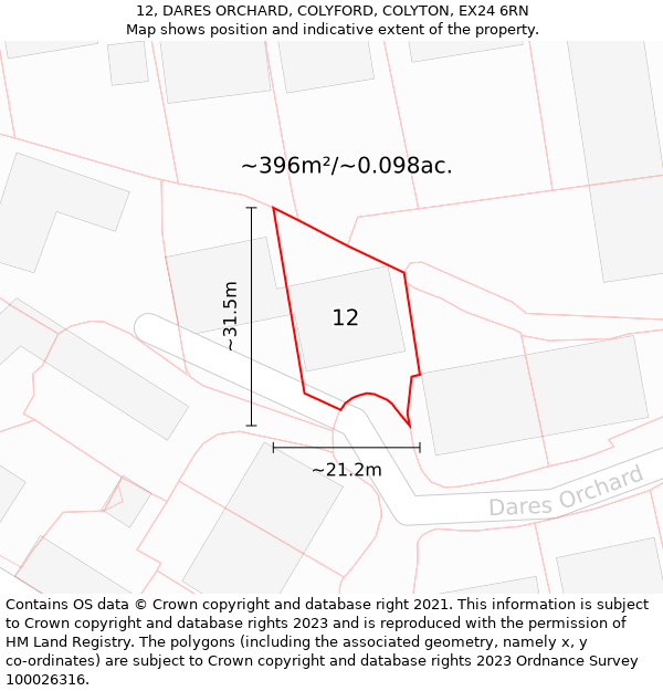 12, DARES ORCHARD, COLYFORD, COLYTON, EX24 6RN: Plot and title map