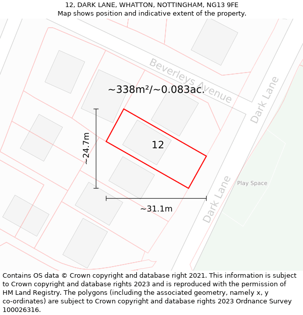 12, DARK LANE, WHATTON, NOTTINGHAM, NG13 9FE: Plot and title map