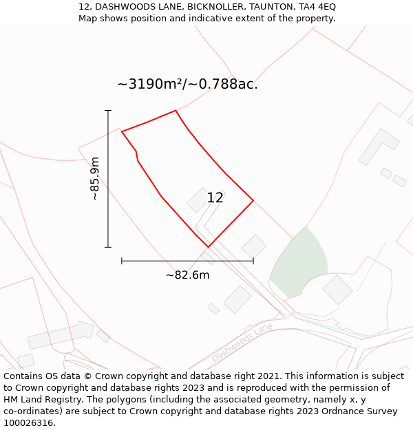 12, DASHWOODS LANE, BICKNOLLER, TAUNTON, TA4 4EQ: Plot and title map