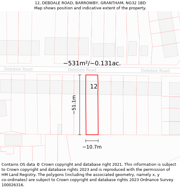 12, DEBDALE ROAD, BARROWBY, GRANTHAM, NG32 1BD: Plot and title map