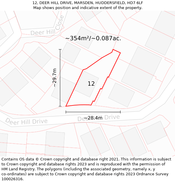 12, DEER HILL DRIVE, MARSDEN, HUDDERSFIELD, HD7 6LF: Plot and title map