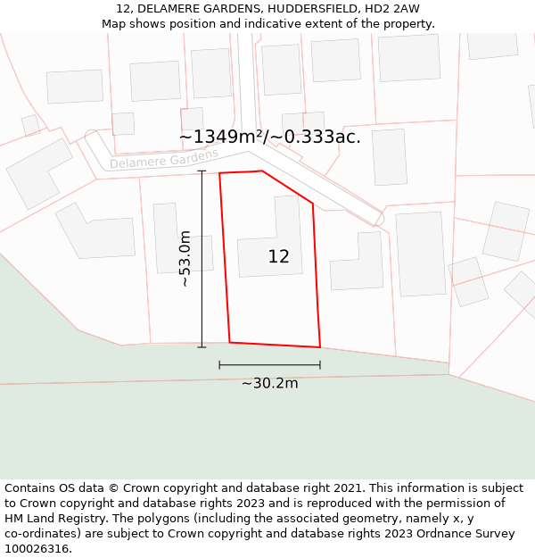 12, DELAMERE GARDENS, HUDDERSFIELD, HD2 2AW: Plot and title map