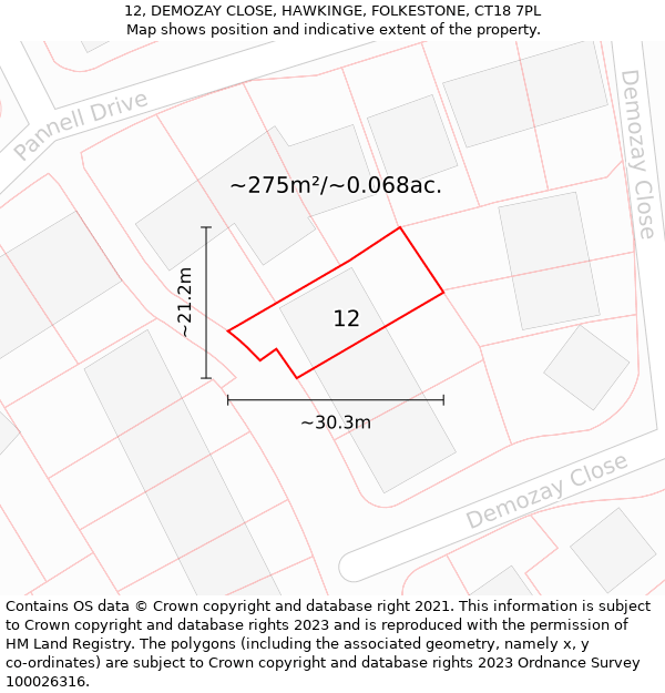 12, DEMOZAY CLOSE, HAWKINGE, FOLKESTONE, CT18 7PL: Plot and title map