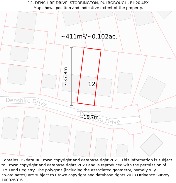 12, DENSHIRE DRIVE, STORRINGTON, PULBOROUGH, RH20 4PX: Plot and title map