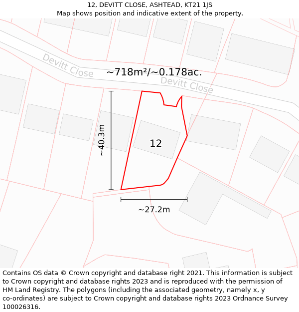 12, DEVITT CLOSE, ASHTEAD, KT21 1JS: Plot and title map