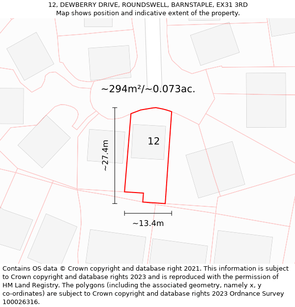 12, DEWBERRY DRIVE, ROUNDSWELL, BARNSTAPLE, EX31 3RD: Plot and title map