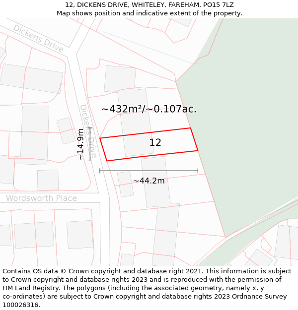 12, DICKENS DRIVE, WHITELEY, FAREHAM, PO15 7LZ: Plot and title map