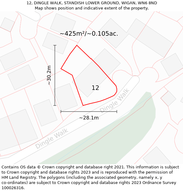 12, DINGLE WALK, STANDISH LOWER GROUND, WIGAN, WN6 8ND: Plot and title map