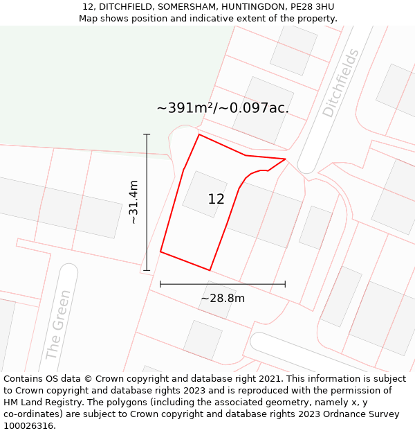 12, DITCHFIELD, SOMERSHAM, HUNTINGDON, PE28 3HU: Plot and title map