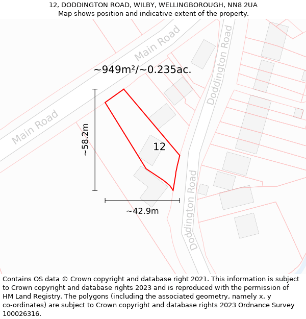 12, DODDINGTON ROAD, WILBY, WELLINGBOROUGH, NN8 2UA: Plot and title map