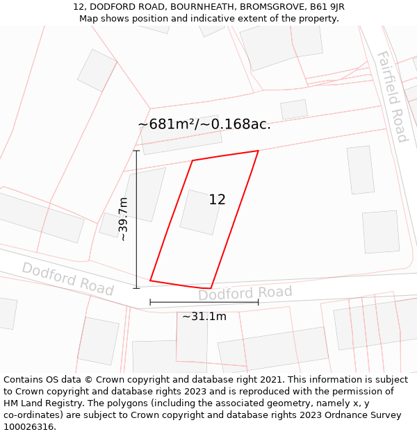 12, DODFORD ROAD, BOURNHEATH, BROMSGROVE, B61 9JR: Plot and title map