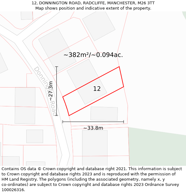 12, DONNINGTON ROAD, RADCLIFFE, MANCHESTER, M26 3TT: Plot and title map