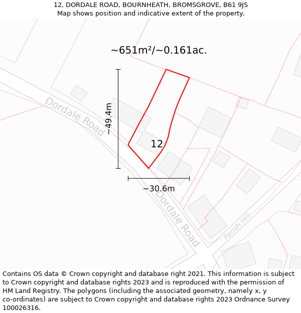 12, DORDALE ROAD, BOURNHEATH, BROMSGROVE, B61 9JS: Plot and title map