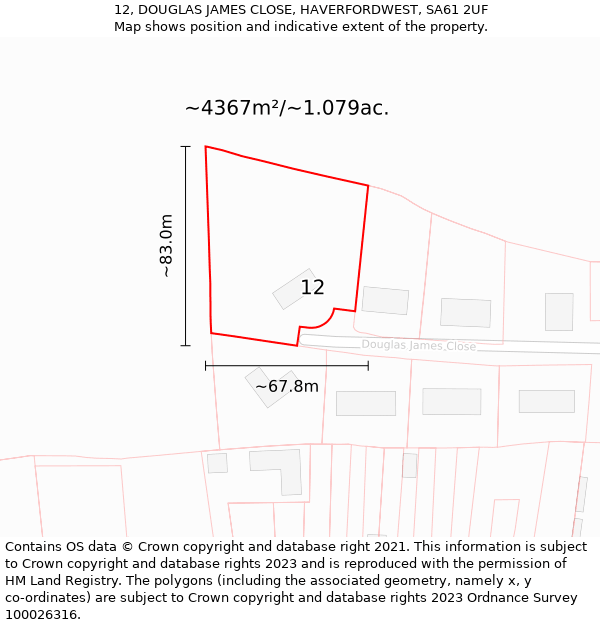 12, DOUGLAS JAMES CLOSE, HAVERFORDWEST, SA61 2UF: Plot and title map