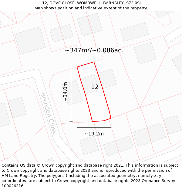 12, DOVE CLOSE, WOMBWELL, BARNSLEY, S73 0SJ: Plot and title map