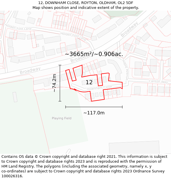 12, DOWNHAM CLOSE, ROYTON, OLDHAM, OL2 5DF: Plot and title map