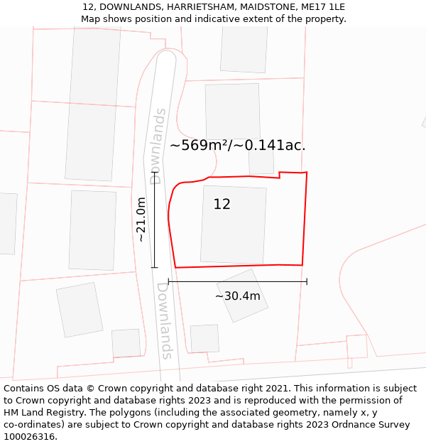 12, DOWNLANDS, HARRIETSHAM, MAIDSTONE, ME17 1LE: Plot and title map