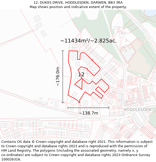 12, DUKES DRIVE, HODDLESDEN, DARWEN, BB3 3RA: Plot and title map