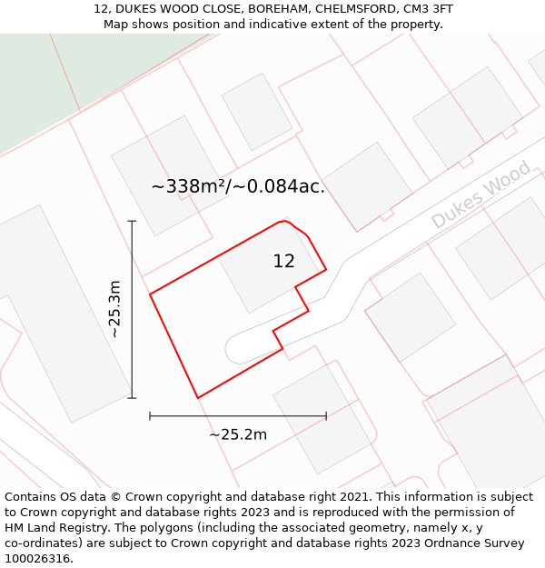 12, DUKES WOOD CLOSE, BOREHAM, CHELMSFORD, CM3 3FT: Plot and title map