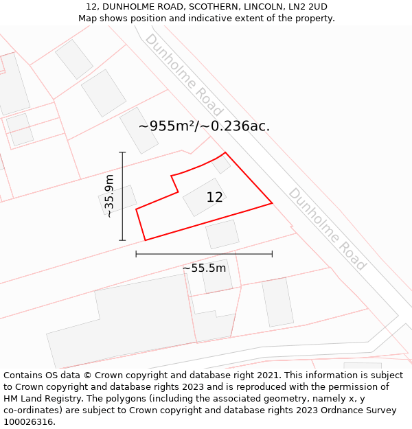 12, DUNHOLME ROAD, SCOTHERN, LINCOLN, LN2 2UD: Plot and title map