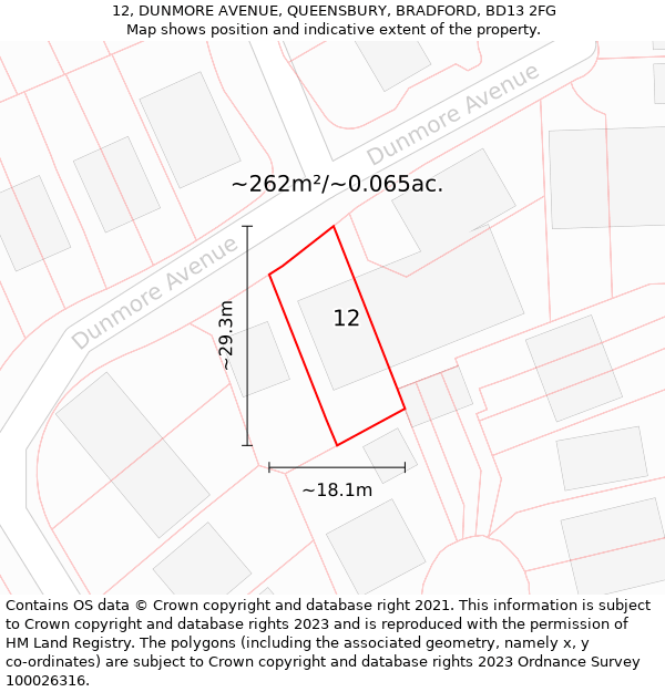 12, DUNMORE AVENUE, QUEENSBURY, BRADFORD, BD13 2FG: Plot and title map