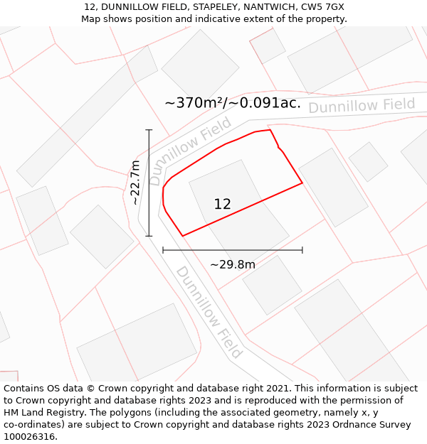 12, DUNNILLOW FIELD, STAPELEY, NANTWICH, CW5 7GX: Plot and title map