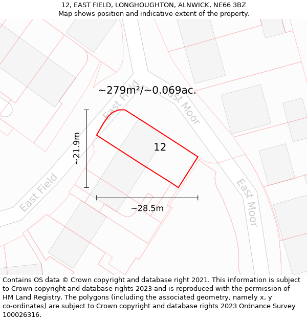 12, EAST FIELD, LONGHOUGHTON, ALNWICK, NE66 3BZ: Plot and title map