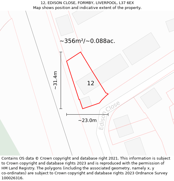 12, EDISON CLOSE, FORMBY, LIVERPOOL, L37 6EX: Plot and title map