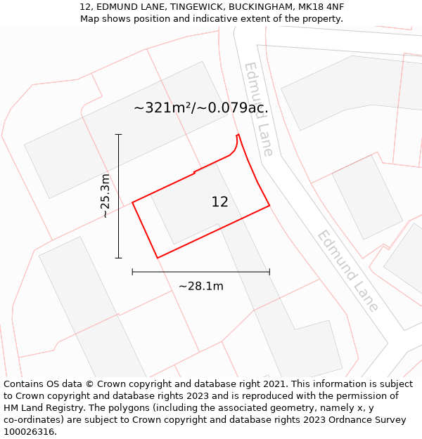 12, EDMUND LANE, TINGEWICK, BUCKINGHAM, MK18 4NF: Plot and title map