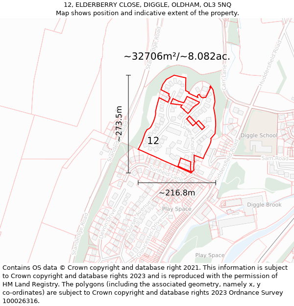 12, ELDERBERRY CLOSE, DIGGLE, OLDHAM, OL3 5NQ: Plot and title map