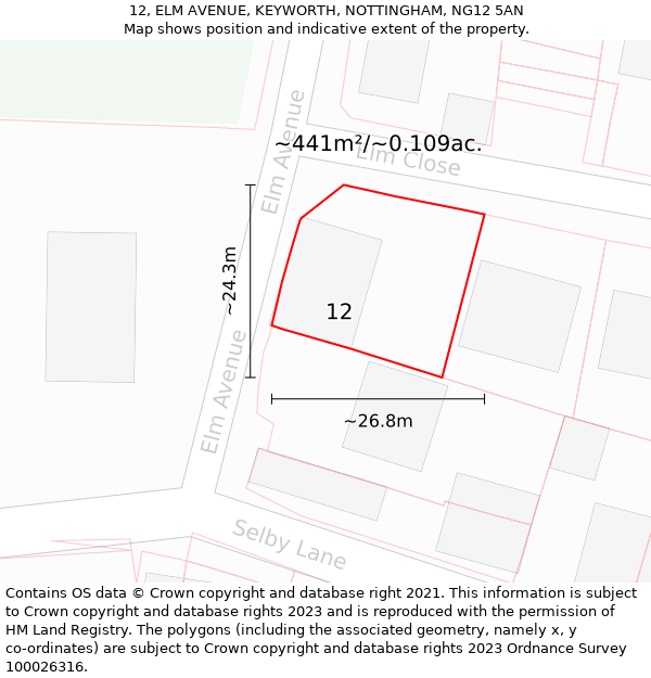 12, ELM AVENUE, KEYWORTH, NOTTINGHAM, NG12 5AN: Plot and title map