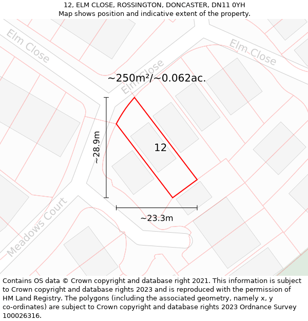 12, ELM CLOSE, ROSSINGTON, DONCASTER, DN11 0YH: Plot and title map