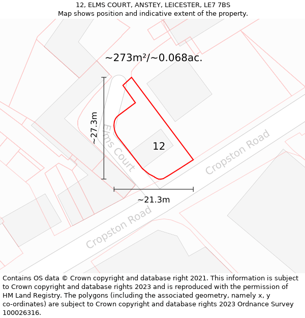 12, ELMS COURT, ANSTEY, LEICESTER, LE7 7BS: Plot and title map